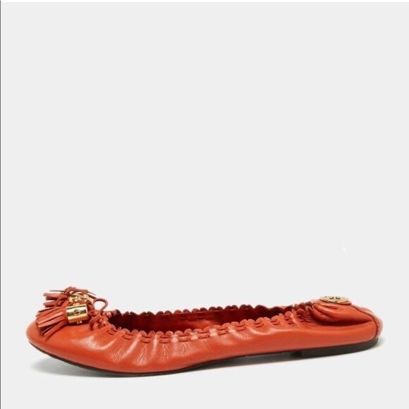 Tory Burch Orange Leather Tassel Scrunch Ballet Flats Size 7 - Picture 2 of 11